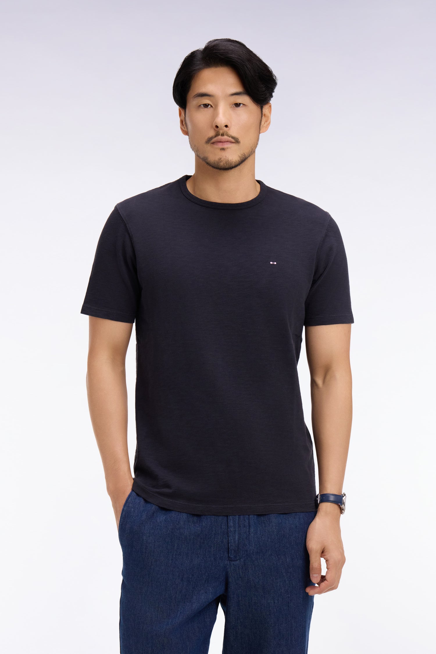 T-shirt à manches courtes en jersey de coton slub marine coupe regular