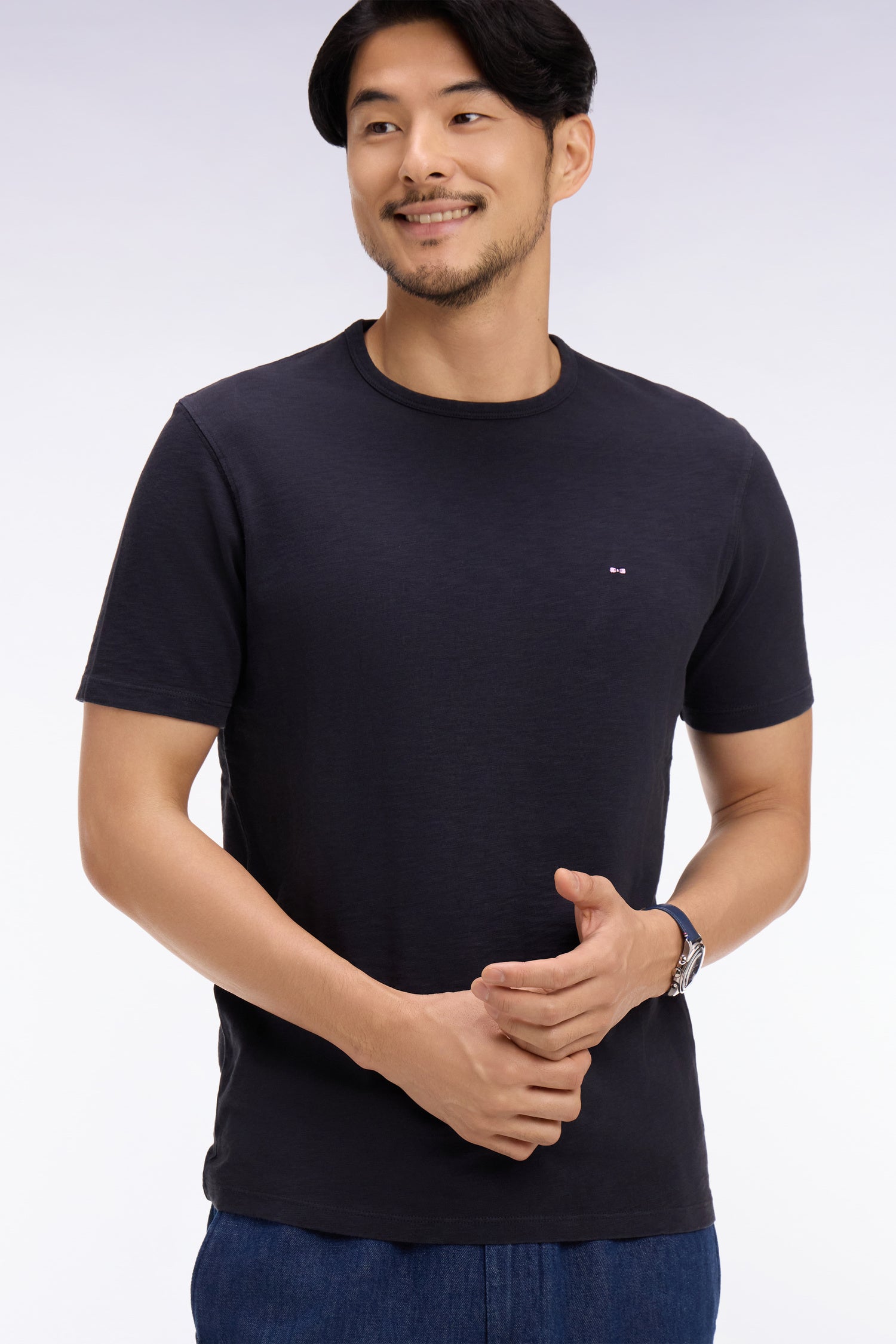 T-shirt à manches courtes en jersey de coton slub marine coupe regular