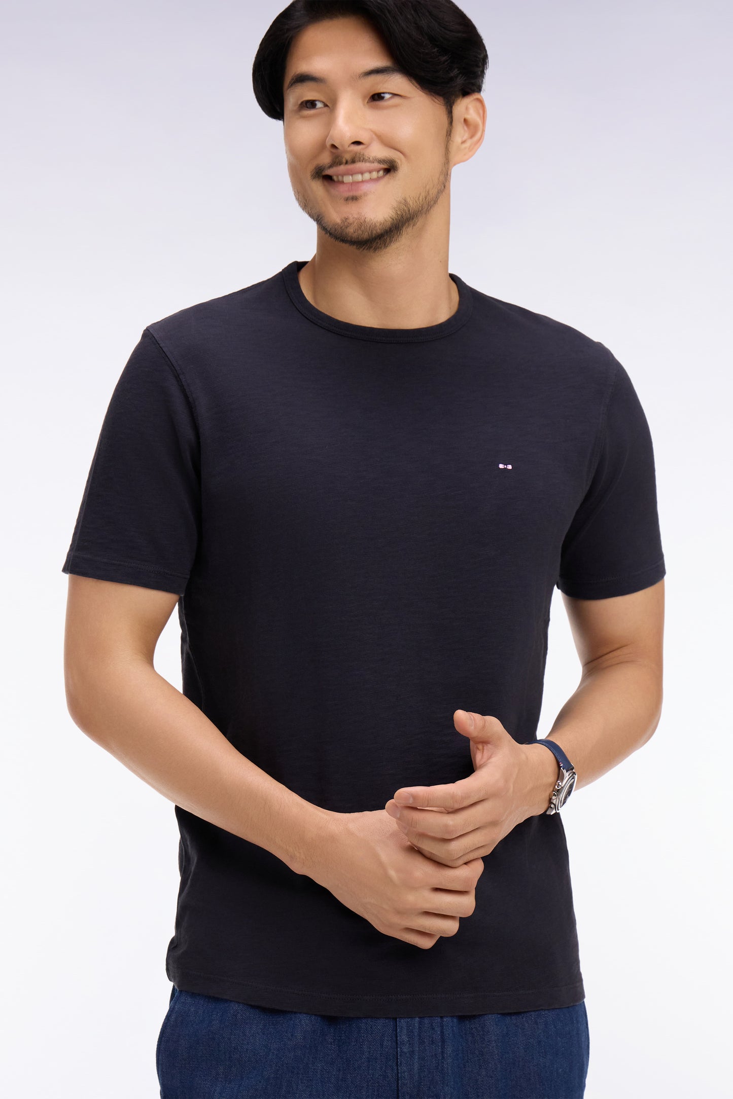 T-shirt à manches courtes en jersey de coton slub marine coupe regular