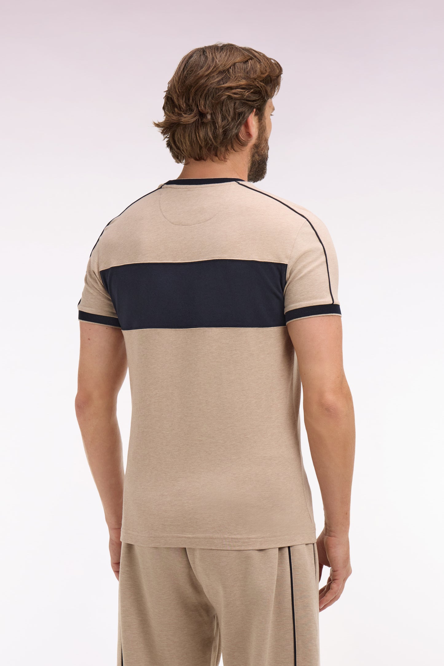 T-shirt à manches courtes en coton stretch beige à découpes coupe slim