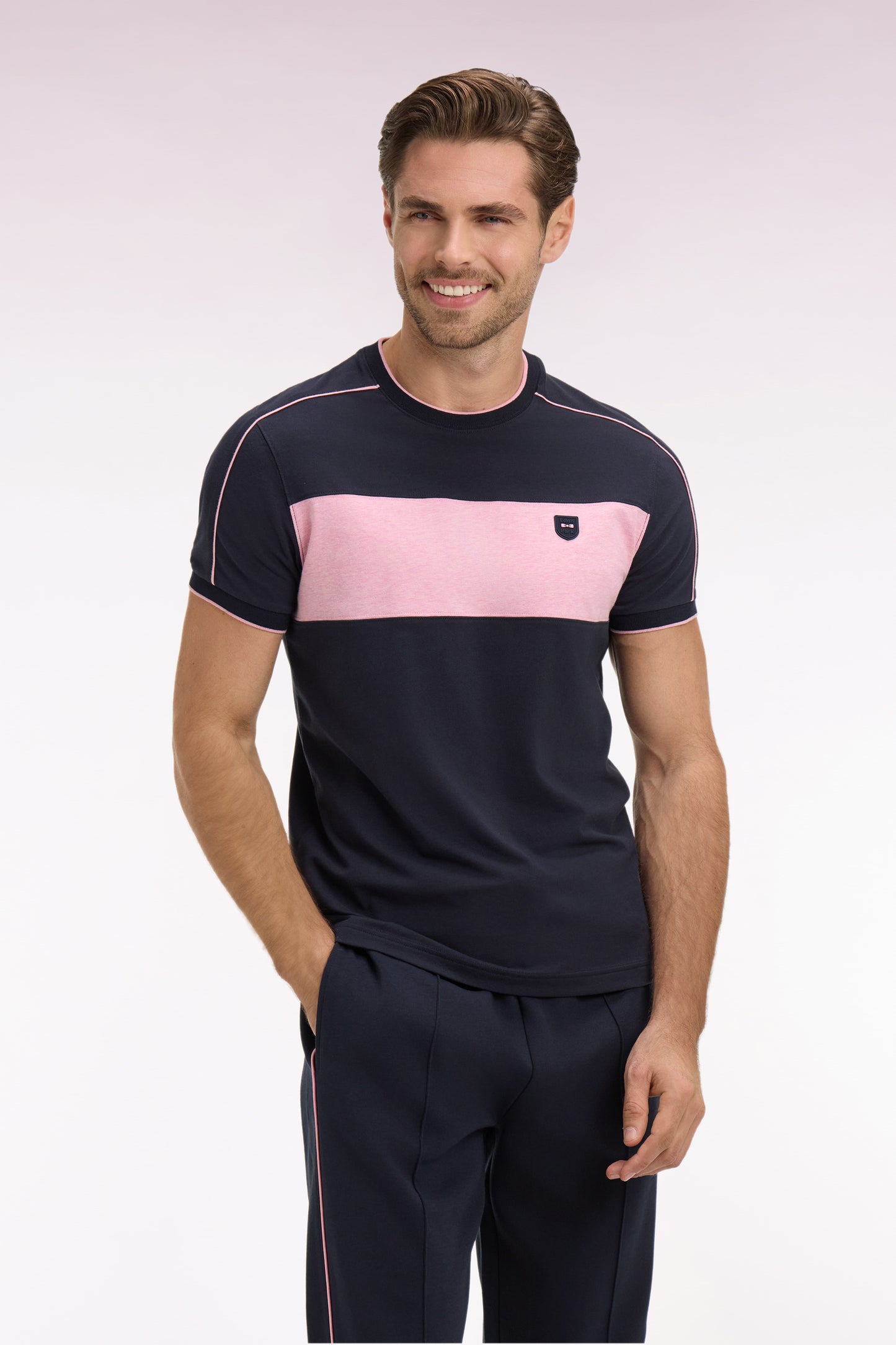 Short-sleeved slim-fit cut-out navy stretch cotton T-shirt