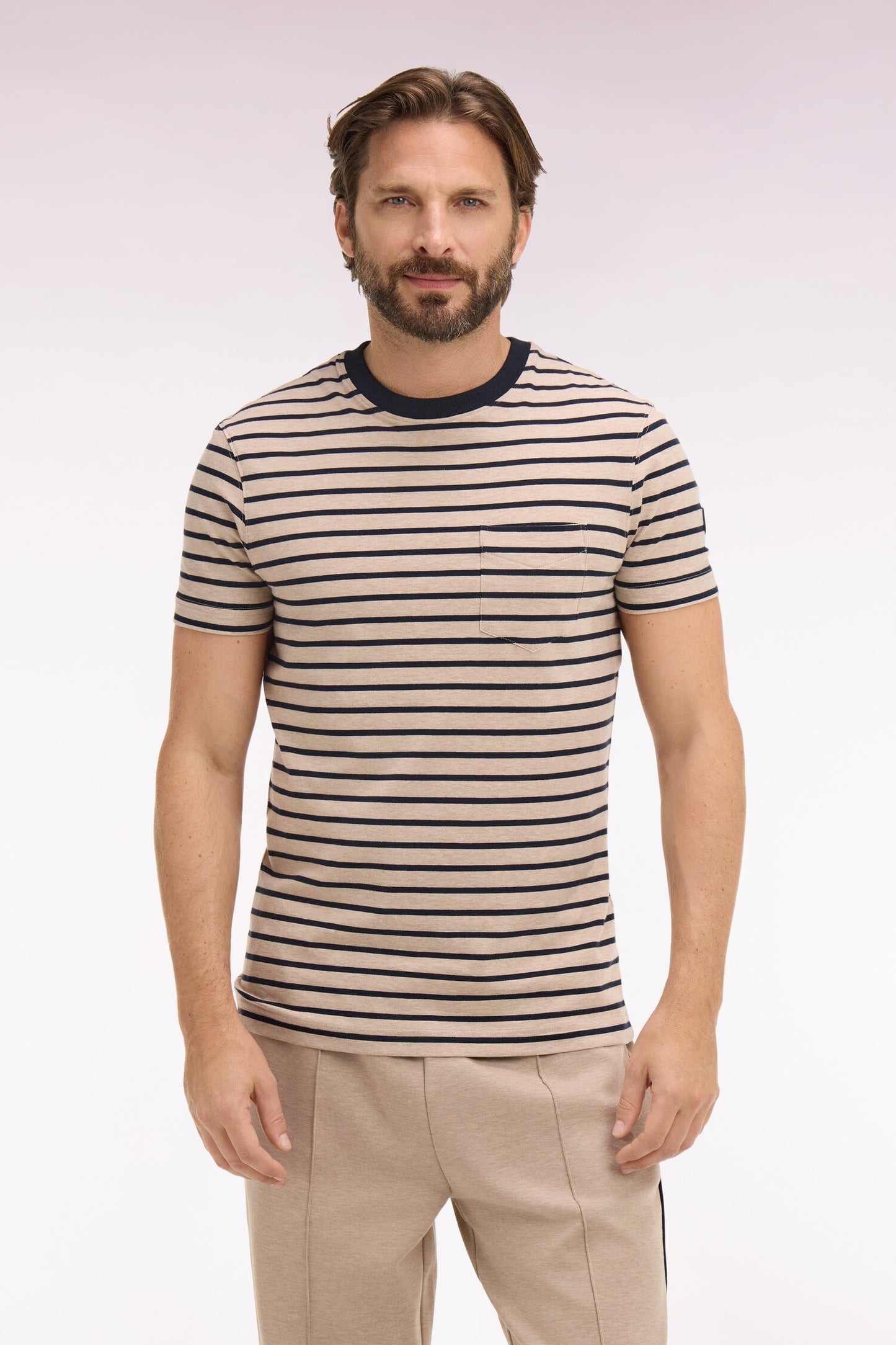 Short-sleeved slim-fit beige striped stretch cotton T-shirt