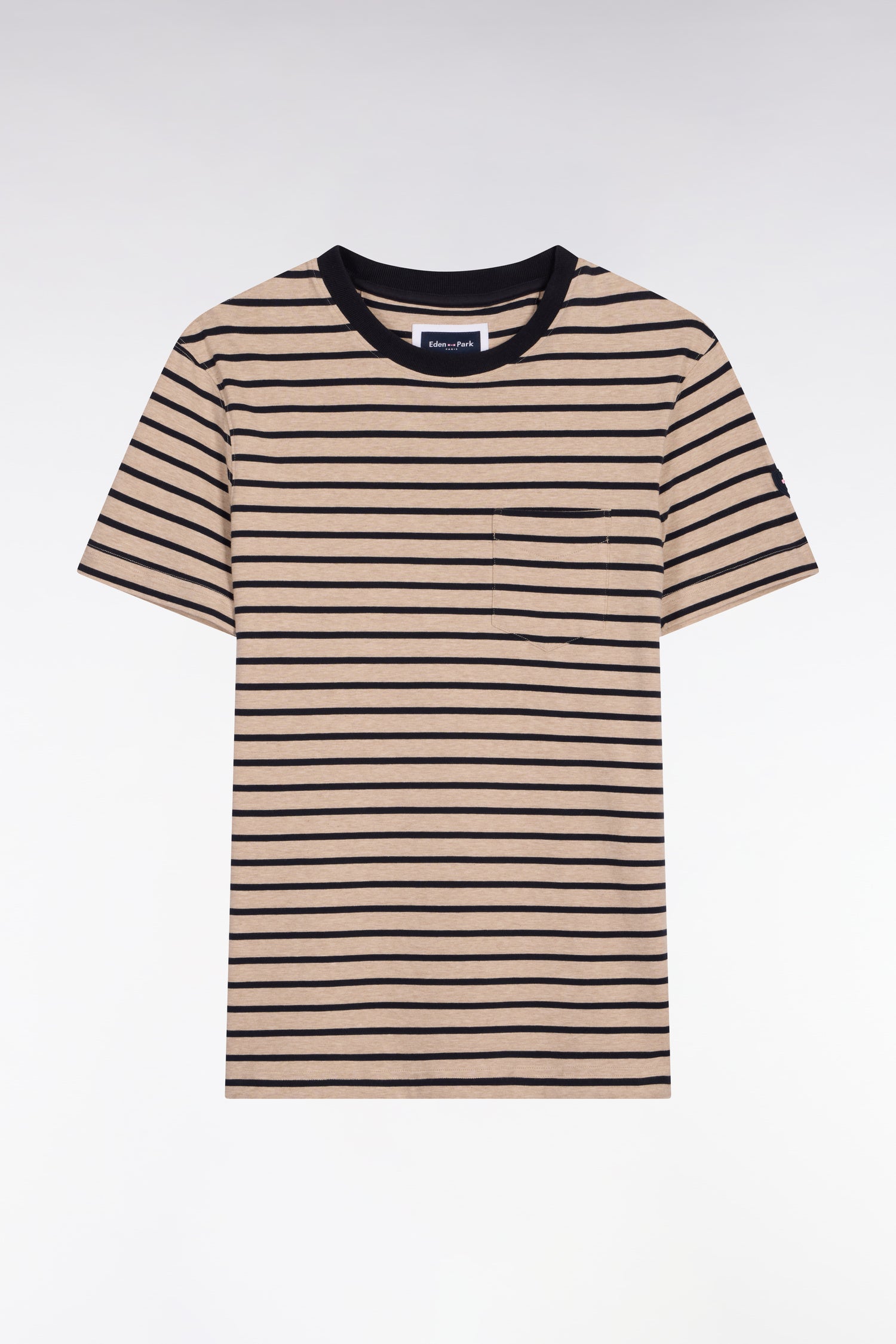 T-shirt à manches courtes en coton stretch rayé beige coupe slim