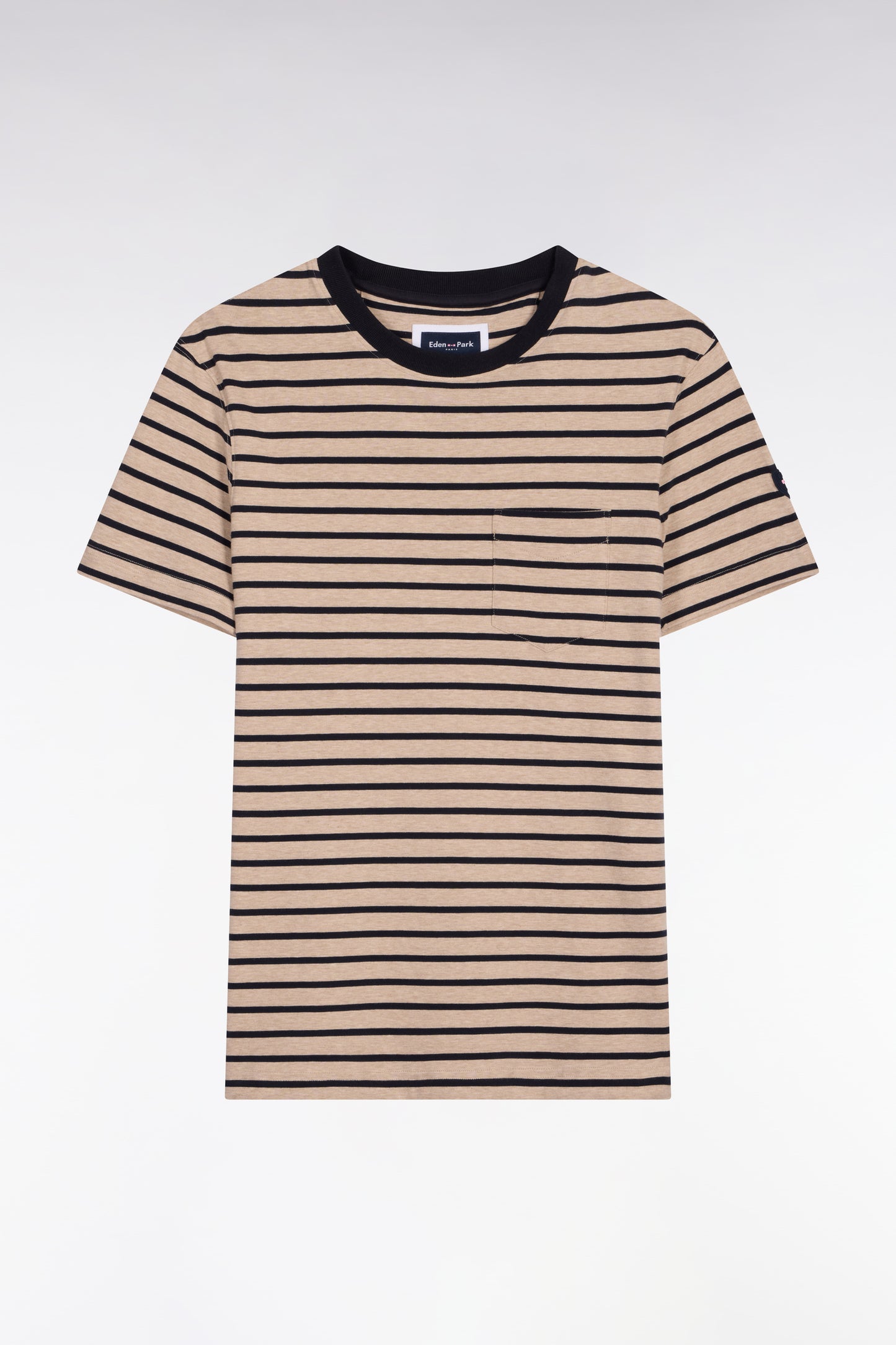 Short-sleeved slim-fit beige striped stretch cotton T-shirt