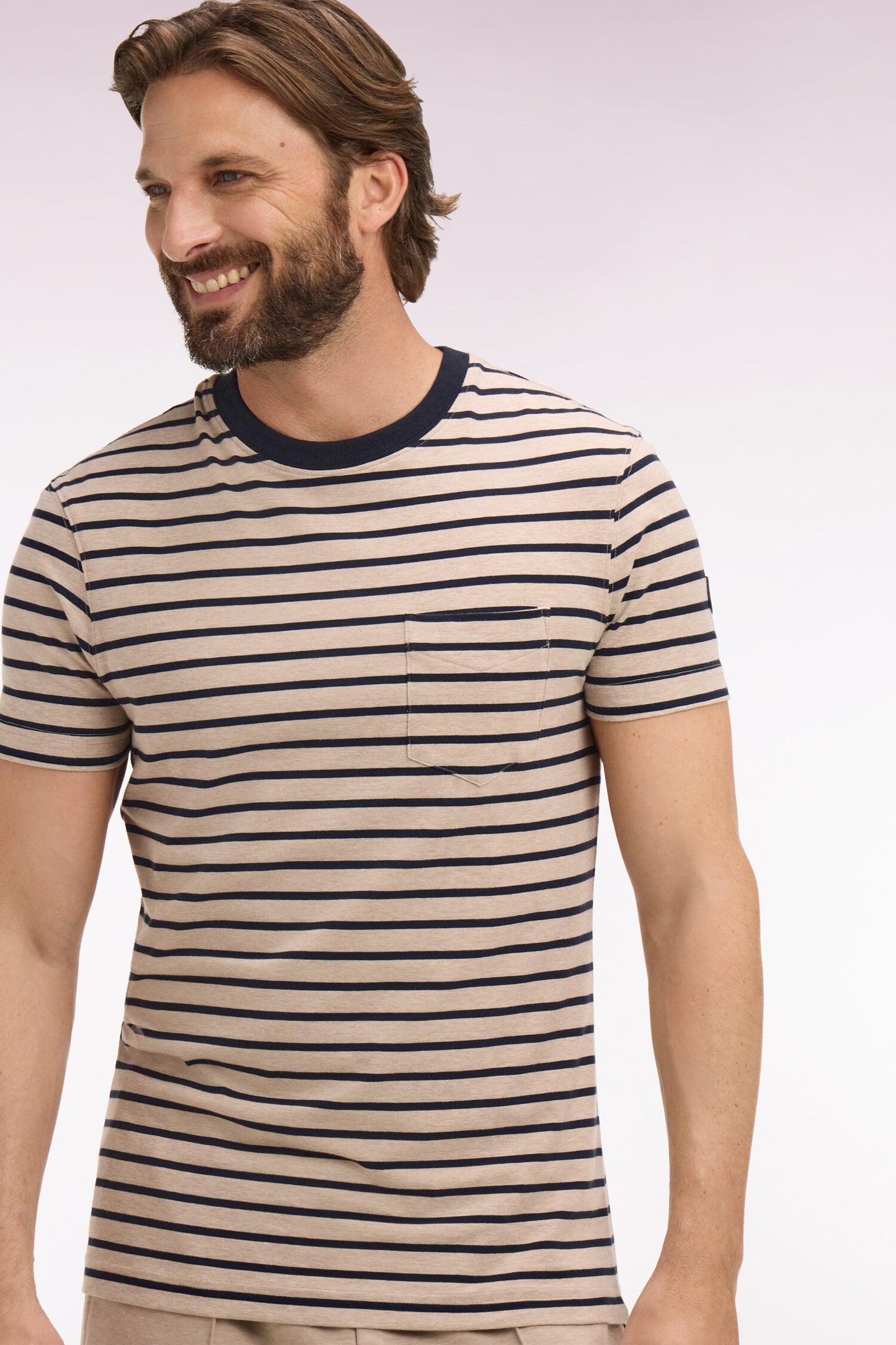 Short-sleeved slim-fit beige striped stretch cotton T-shirt