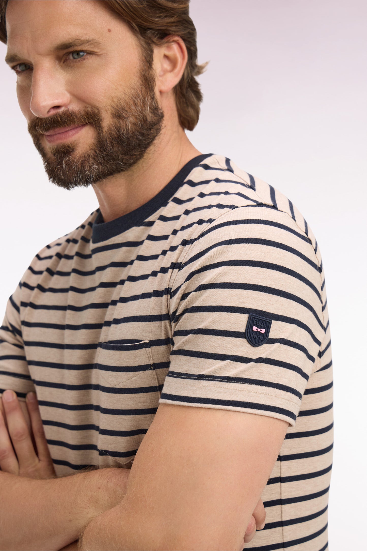 Short-sleeved slim-fit beige striped stretch cotton T-shirt