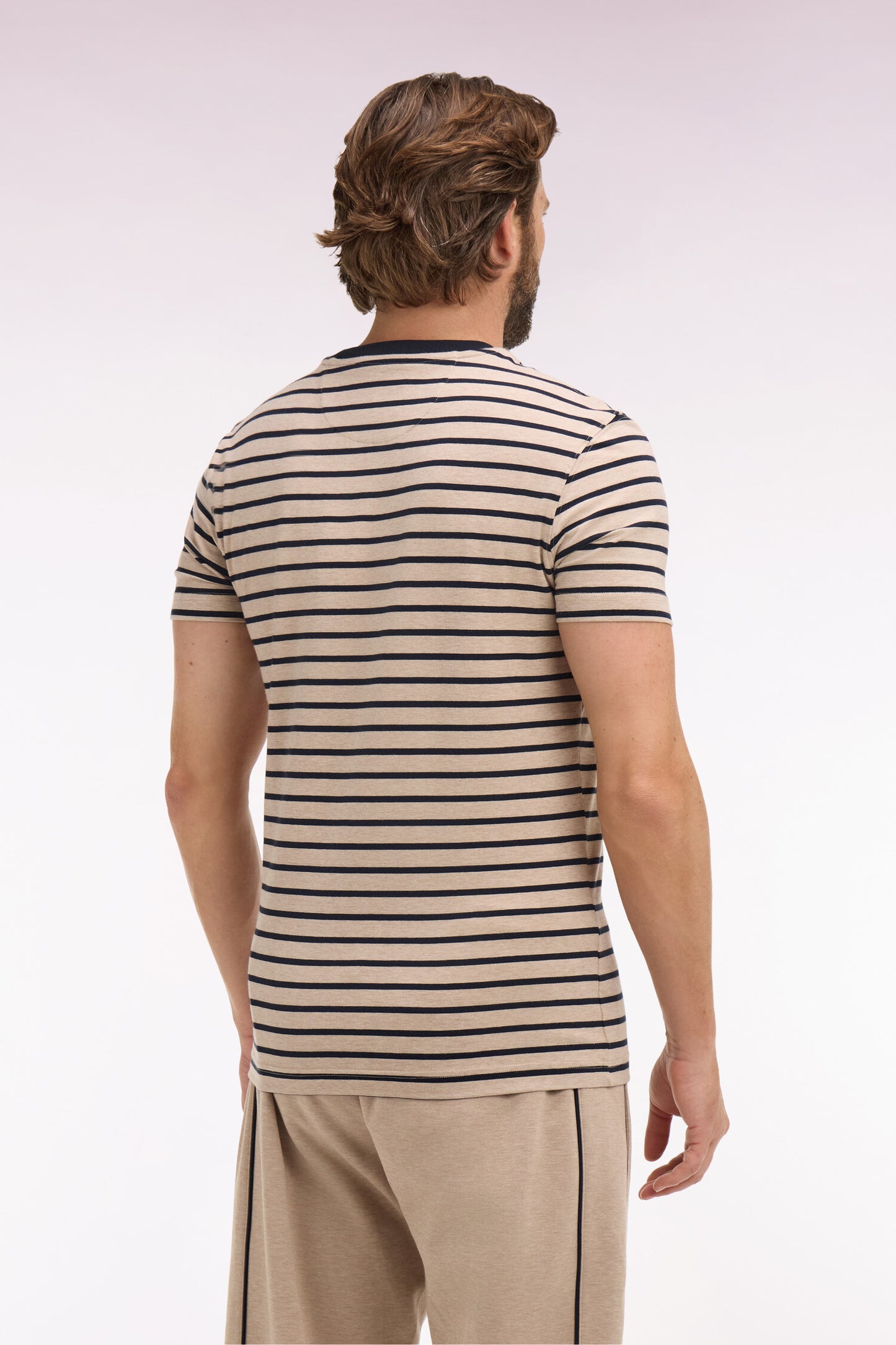 Short-sleeved slim-fit beige striped stretch cotton T-shirt