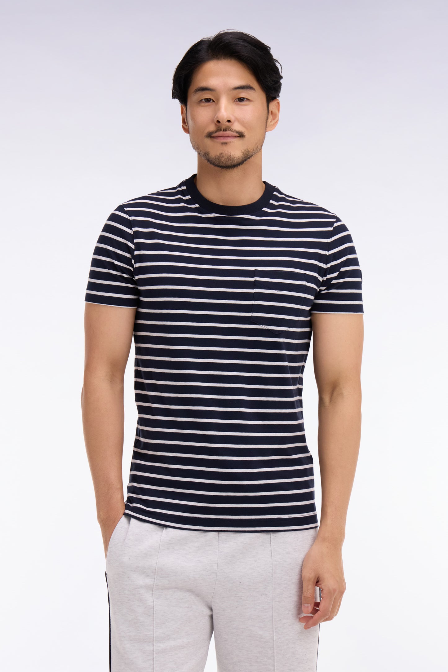 Short-sleeved light gray striped stretch cotton slim-fit T-shirt
