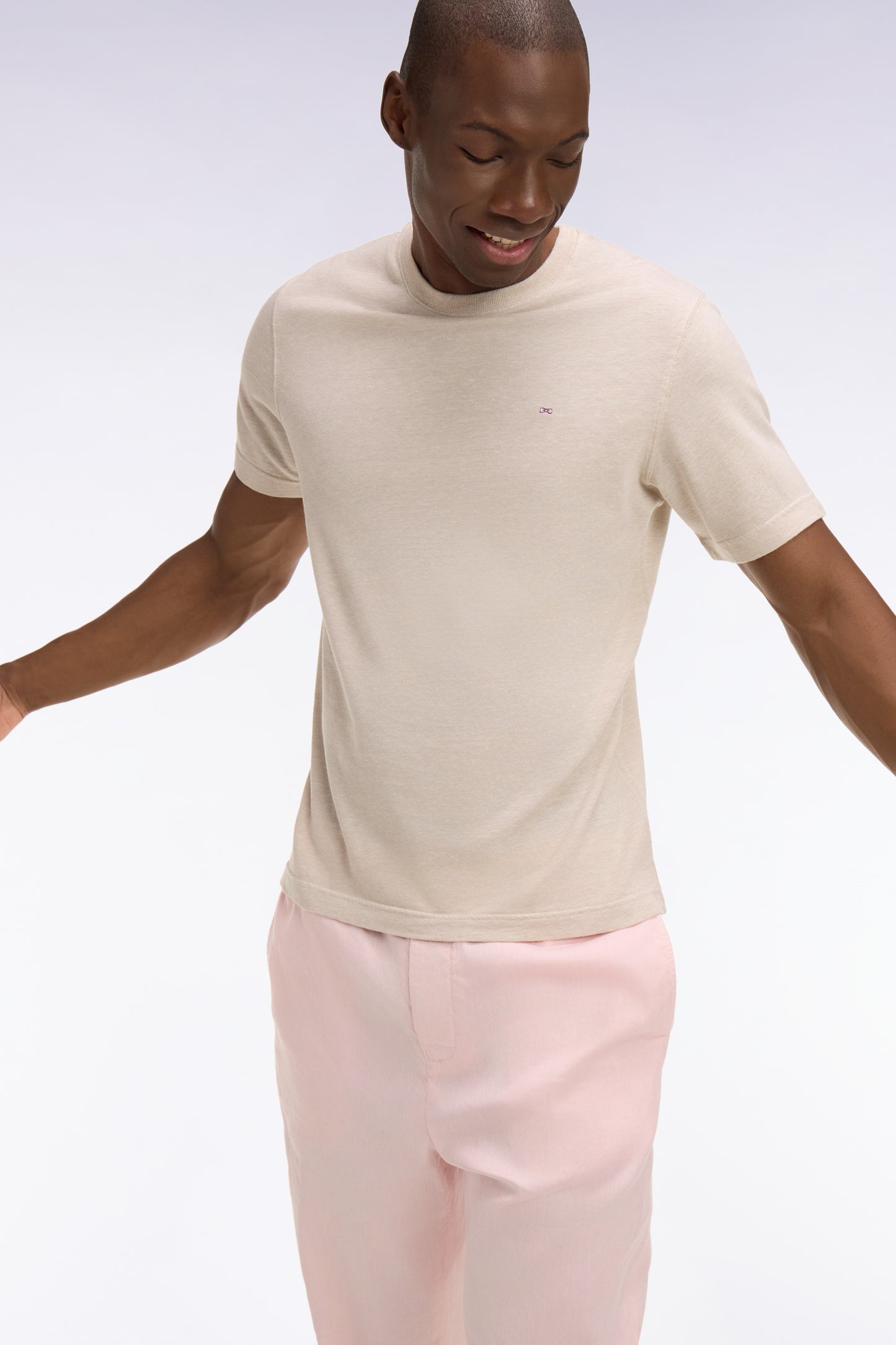T-shirt à manches courtes en coton et lin beige coupe regular