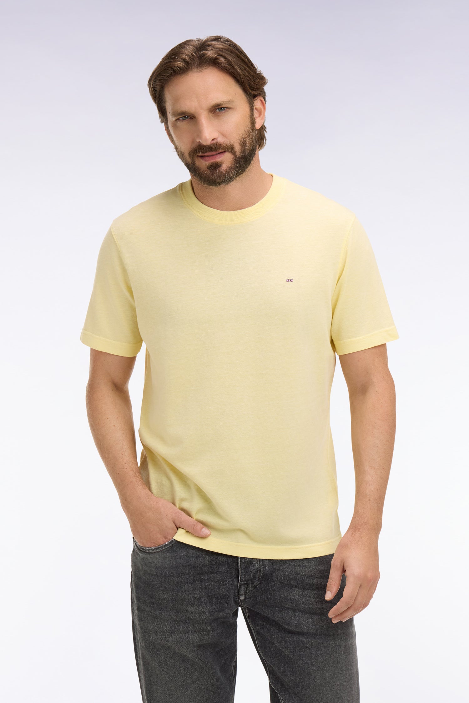 T-shirt à manches courtes en coton et lin jaune coupe regular