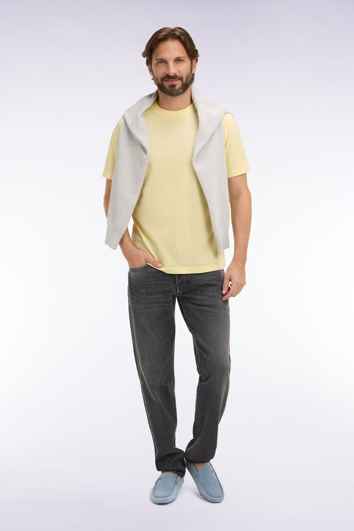 T-shirt à manches courtes en coton et lin jaune coupe regular