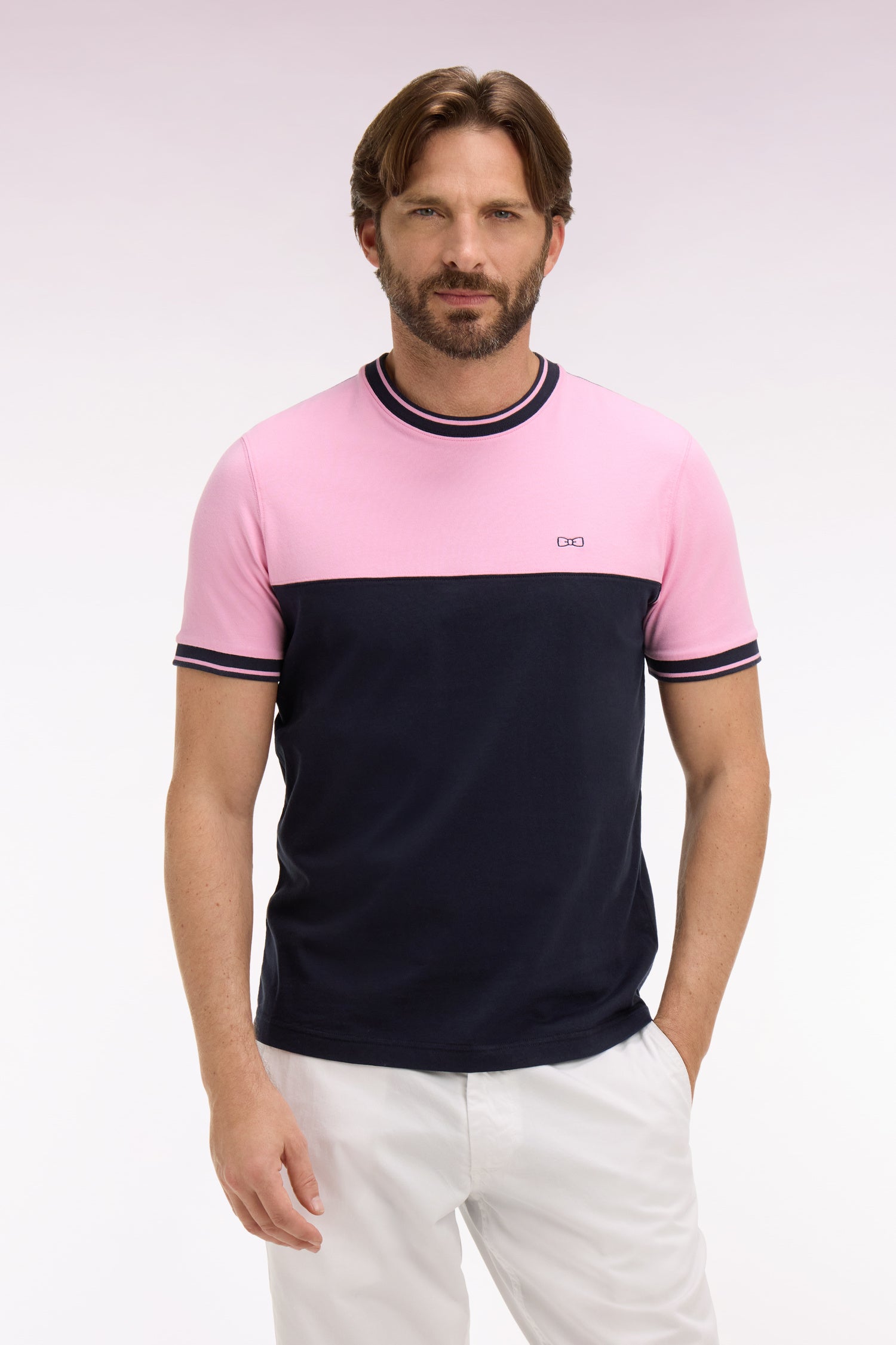 T-shirt à manches courtes en bicolore rose et marine coupe regular