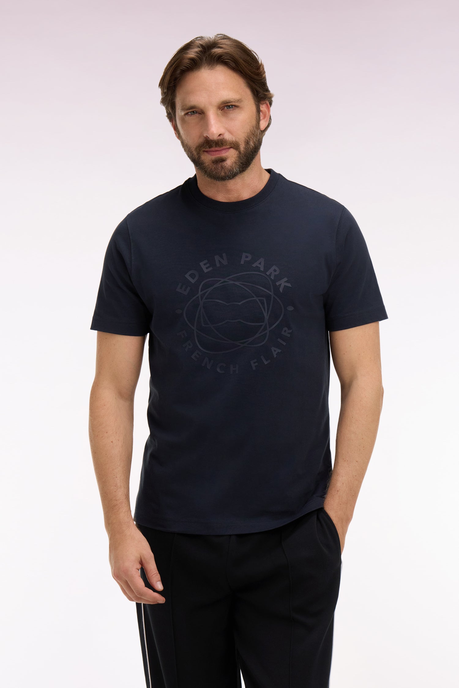 T-shirt à manches courtes en coton marine sérigraphié coupe regular