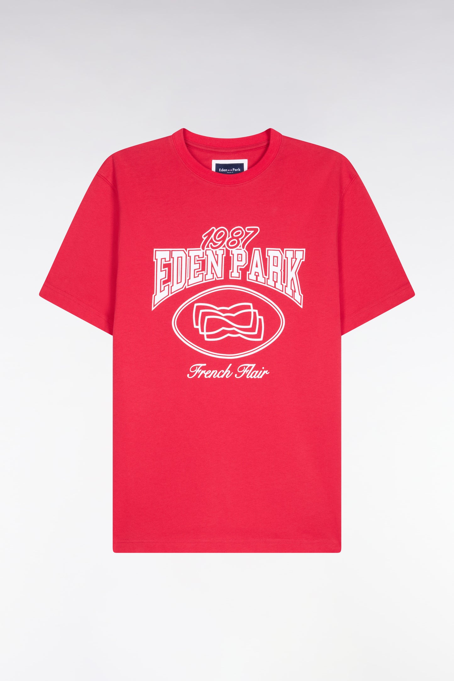 T-shirt à manches courtes en coton rouge sérigraphie écrue coupe regular