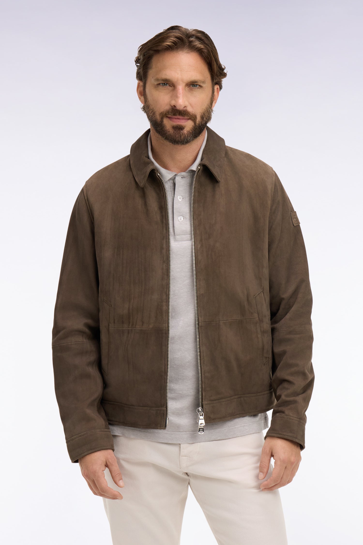 Blouson en croûte de cuir velours marron