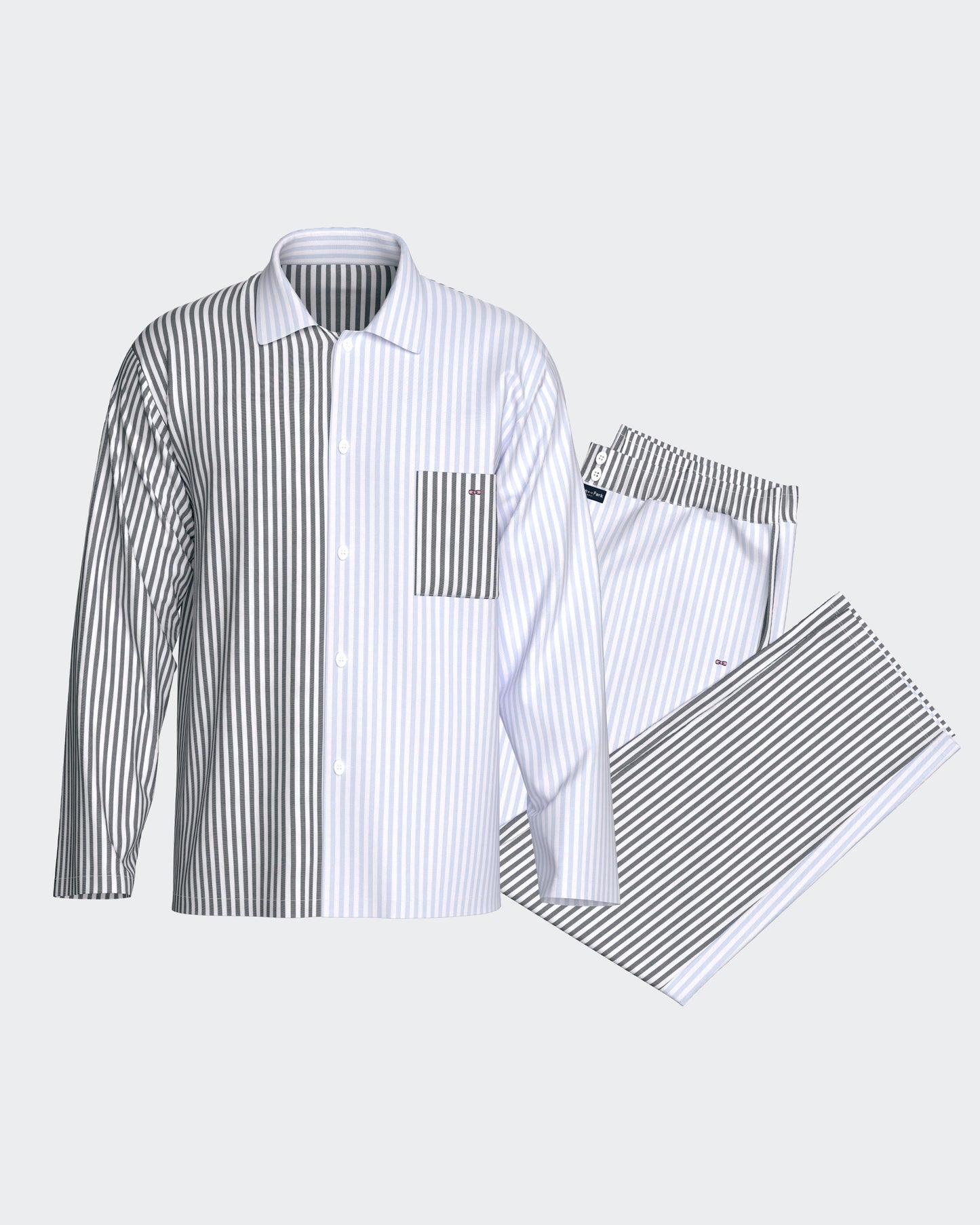 Pyjama long en coton à rayures bicolores bleu ciel et marine