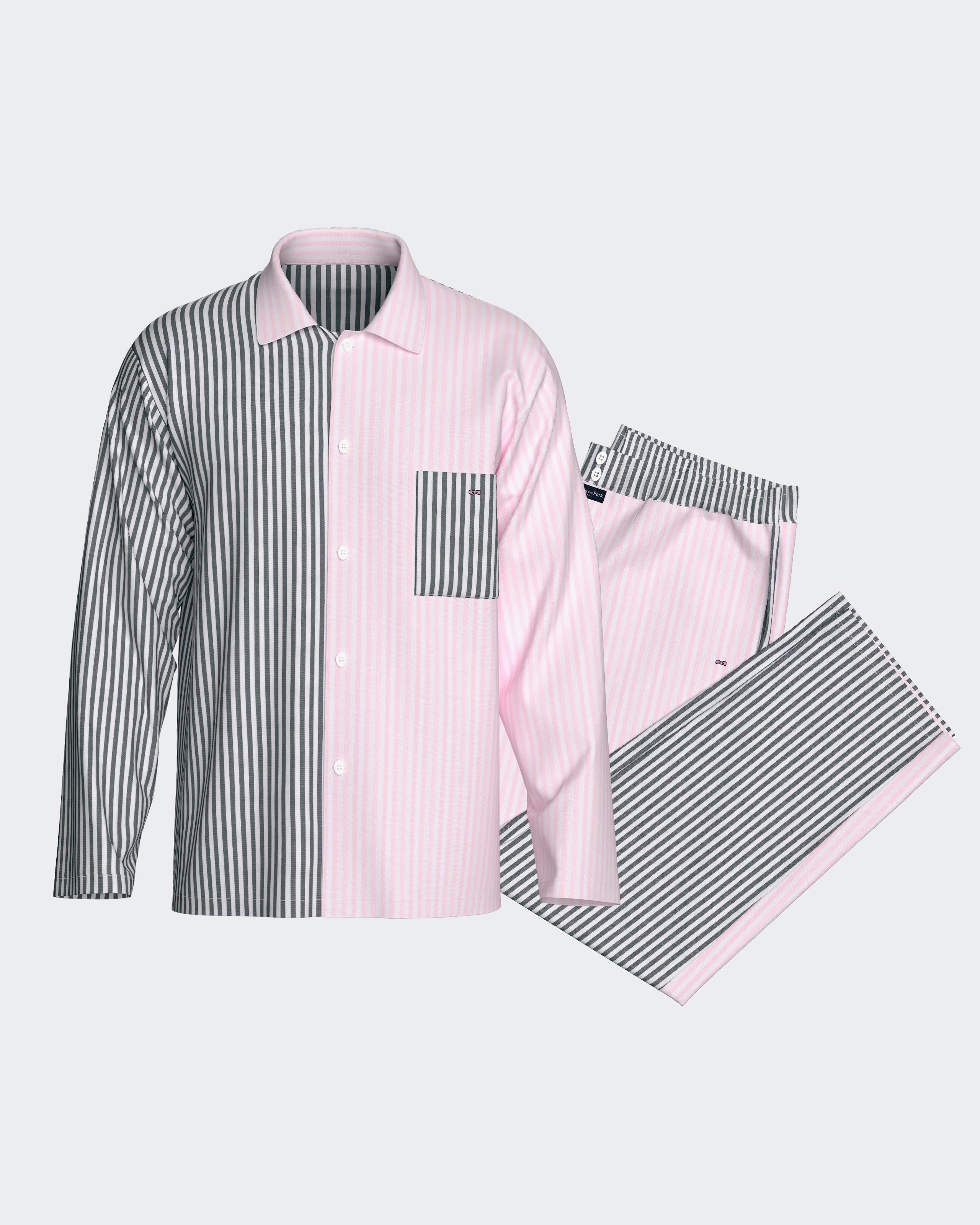 Pyjama long en coton à rayures bicolores marine et roses