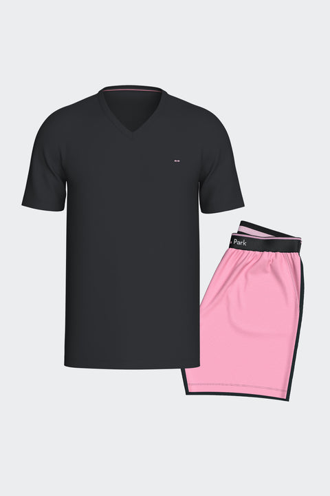 Pyjama court en coton bicolore marine et rose - Image 1