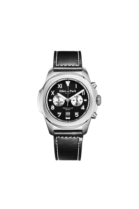 Montre à quartz chronographe en cuir noir - Image 1
