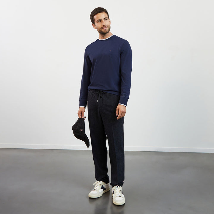 Pantalon bleu foncé motif prince-de-galles à taille élastiquée