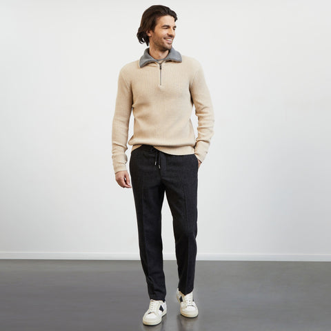Dark grey trousers with Prince of Wales pattern and elasticated waist - Image 1