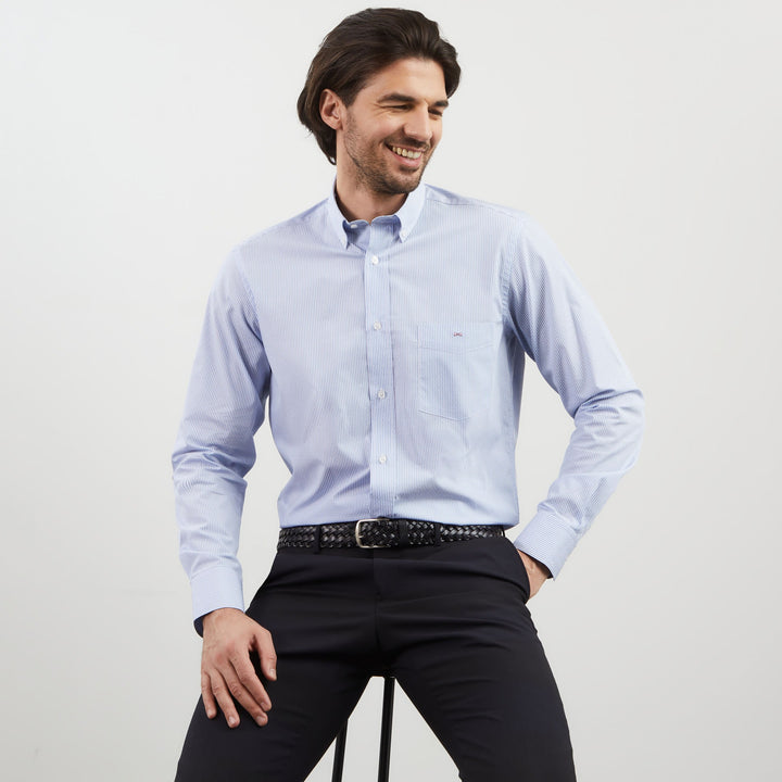 Chemise bleue rayée en coton dobby