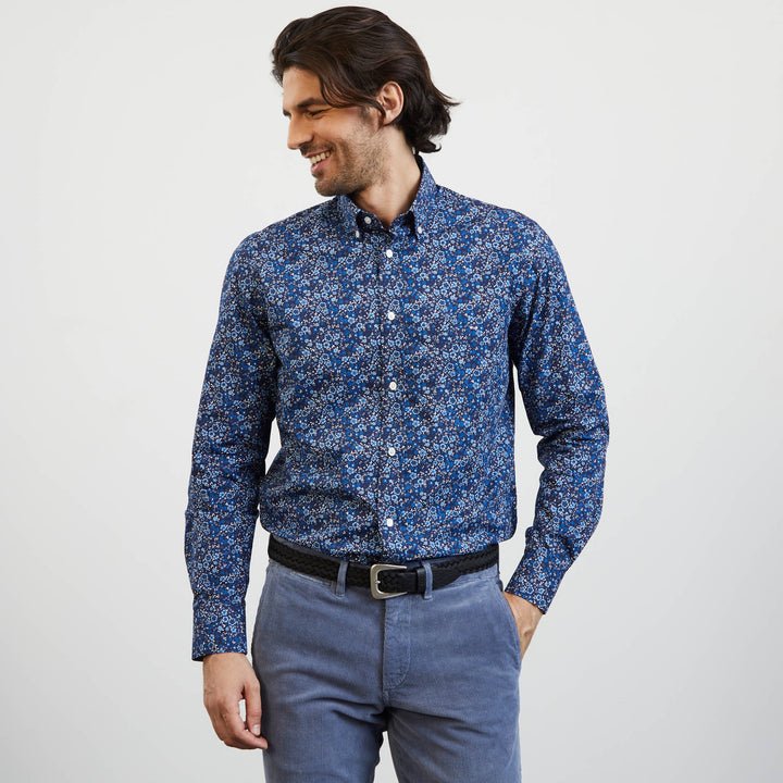 Chemise bleue imprimé exclusif fleuri