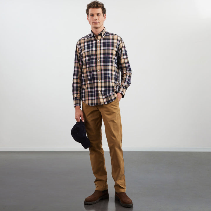 Chemise beige en twill à motif carreaux