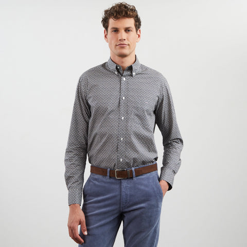 Dark blue straight-cut cotton shirt with exclusive print - Image 3