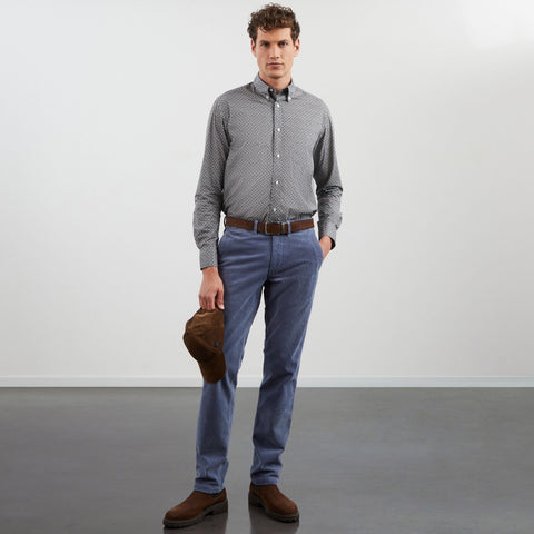Dark blue straight-cut cotton shirt with exclusive print - Image 1
