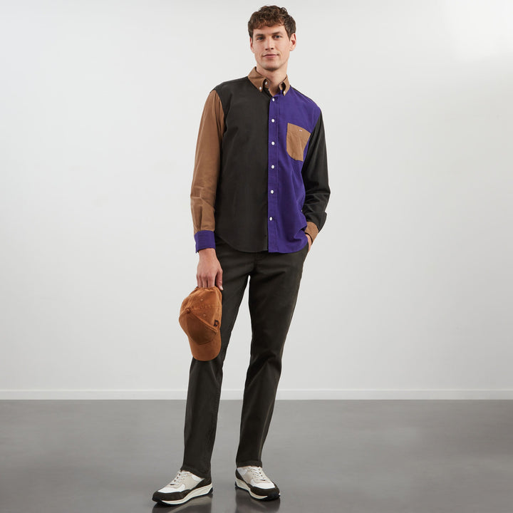 Chemise kaki colorblock en velours côtelé