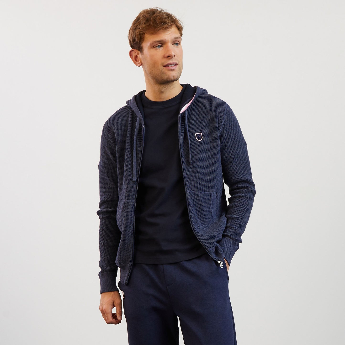Cardigan bleu marine zippé en maille gaufrée