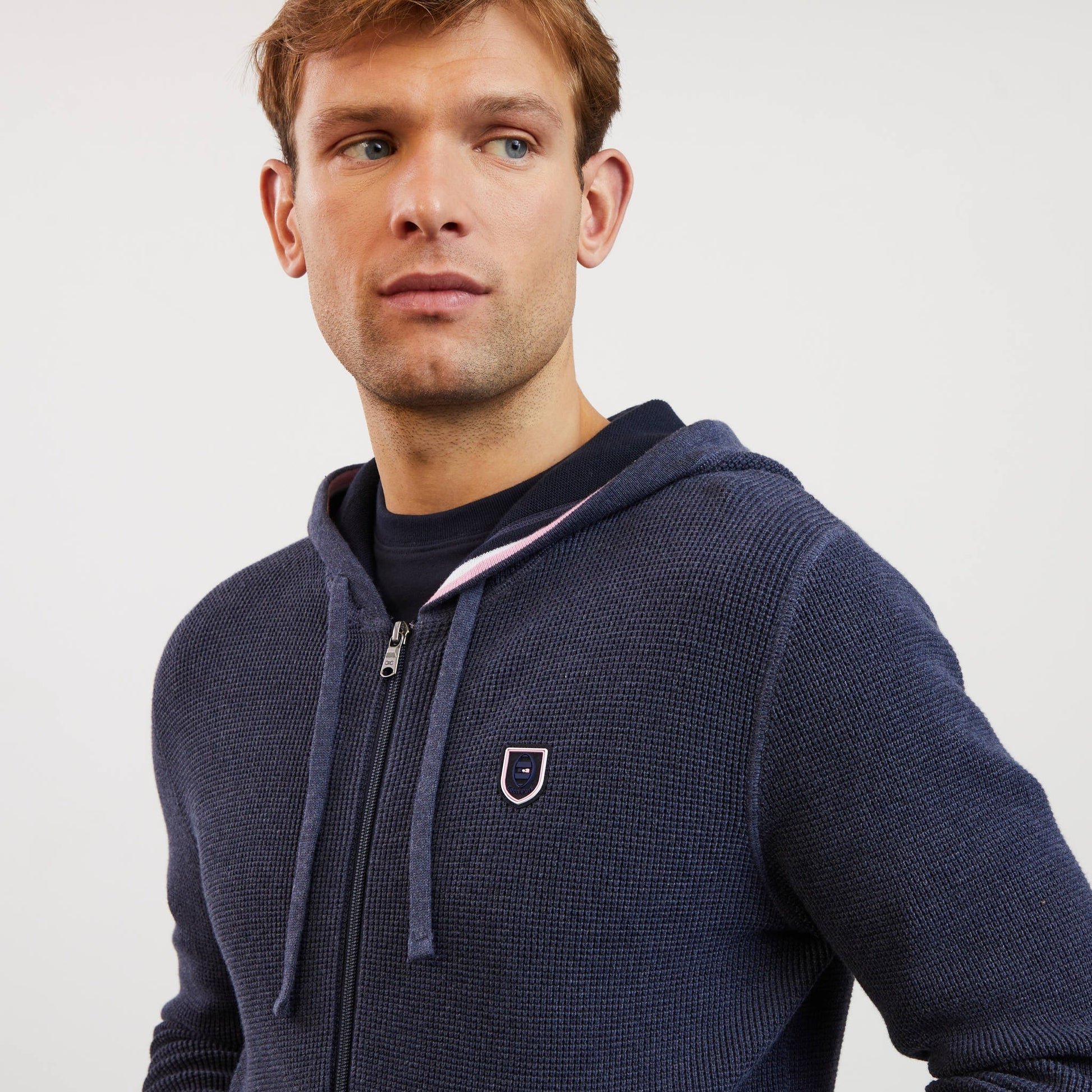 Cardigan bleu marine zippé en maille gaufrée