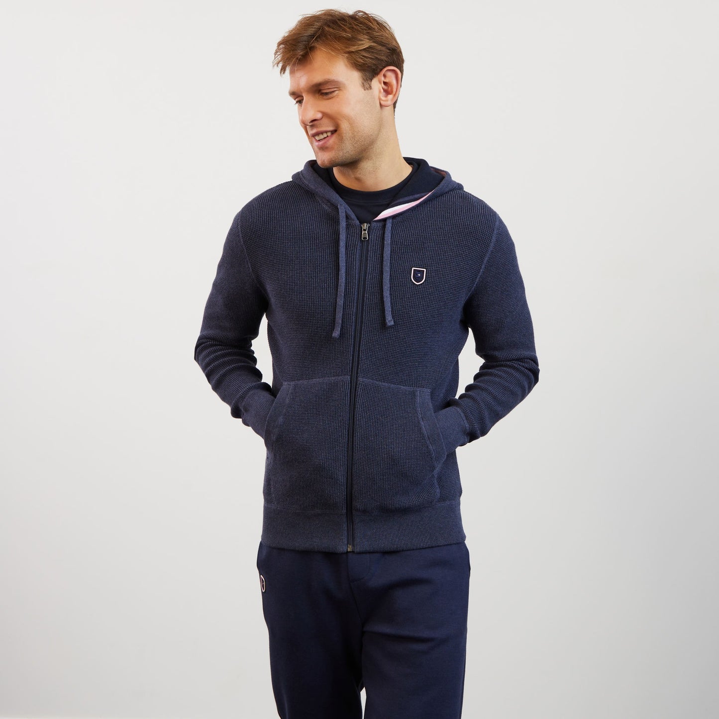 Cardigan bleu marine zippé en maille gaufrée