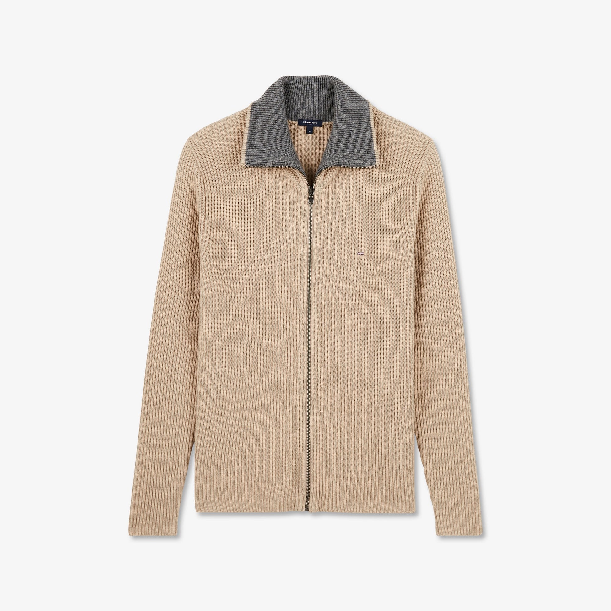 Cardigan beige zippé en maille côtelée