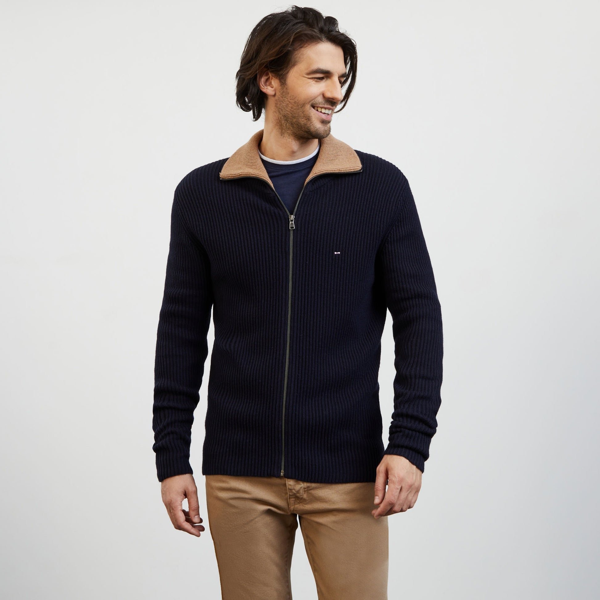 Cardigan bleu foncé zippé en maille côtelée