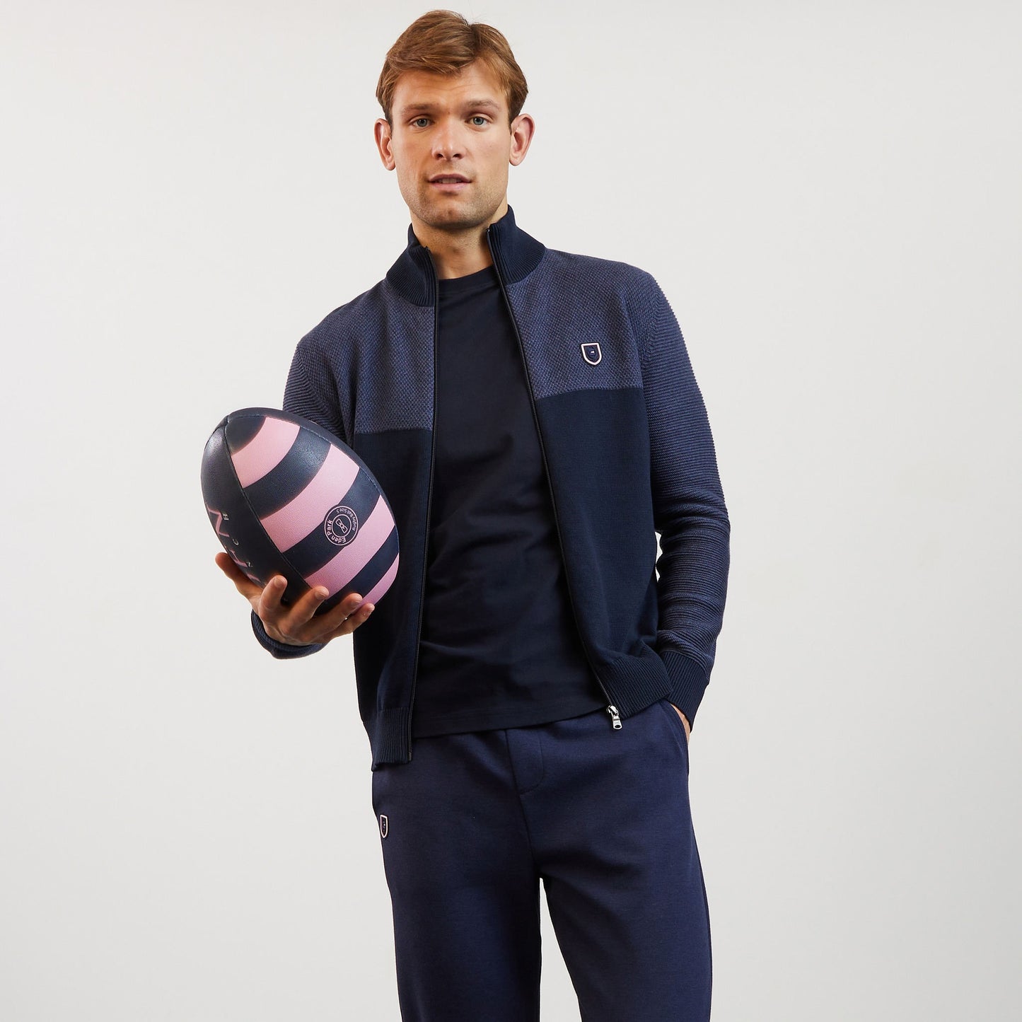 Cardigan bleu foncé colorblock zippé en jeu de mailles