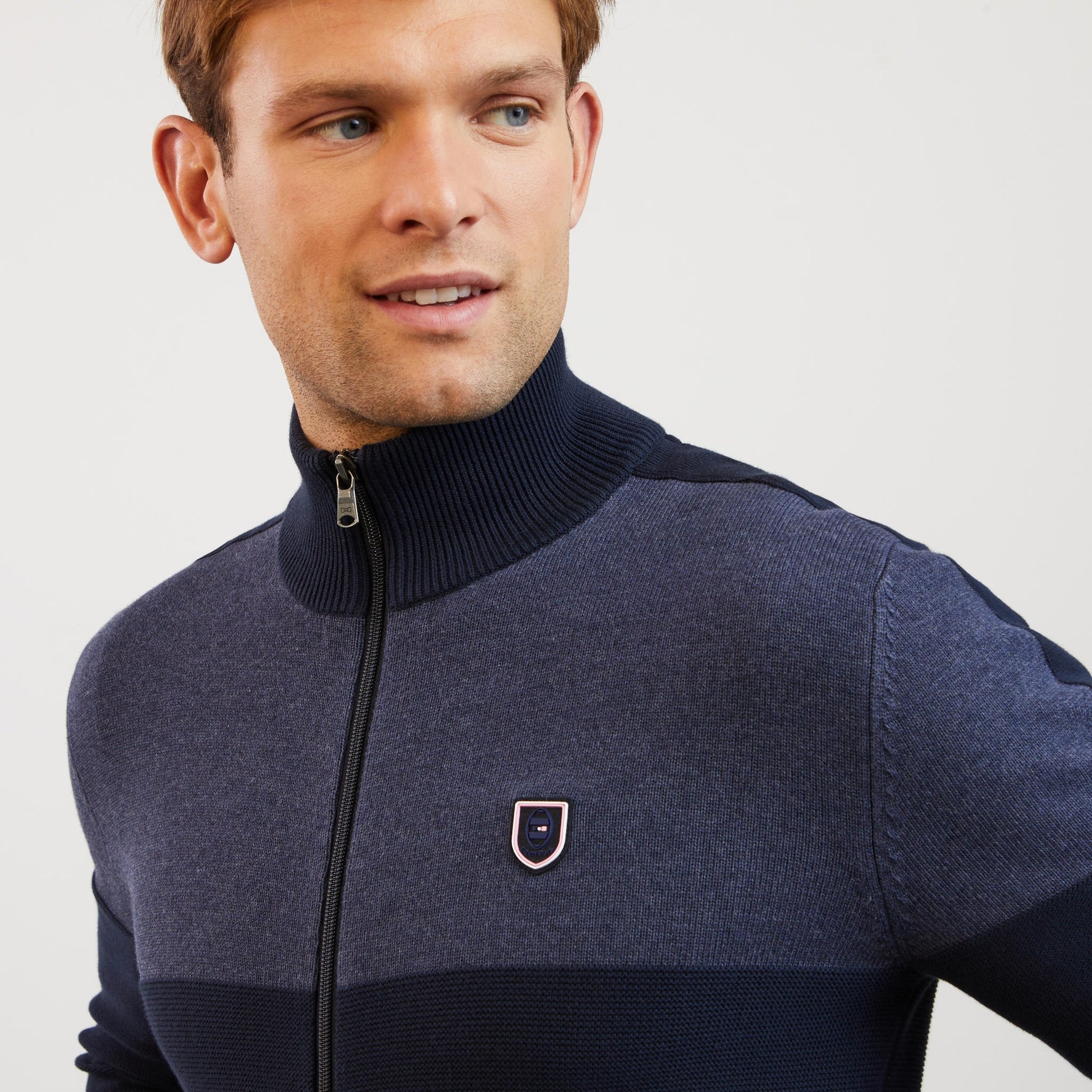 Cardigan bleu foncé colorblock zippé en jeu de mailles