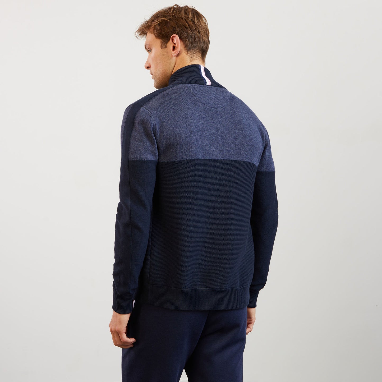 Cardigan bleu foncé colorblock zippé en jeu de mailles