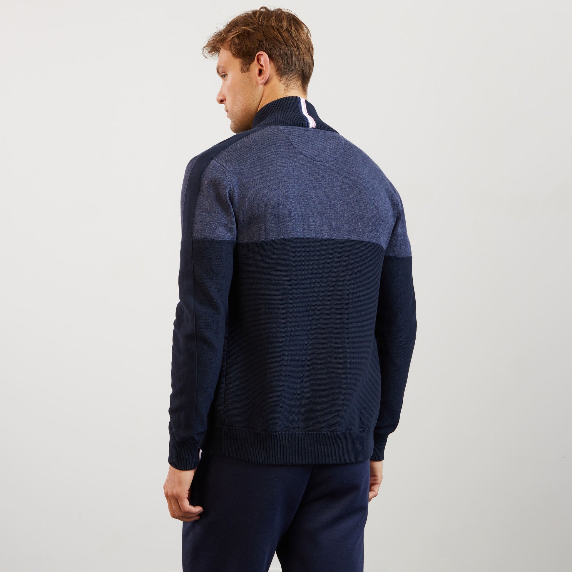 Cardigan bleu foncé colorblock zippé en jeu de mailles