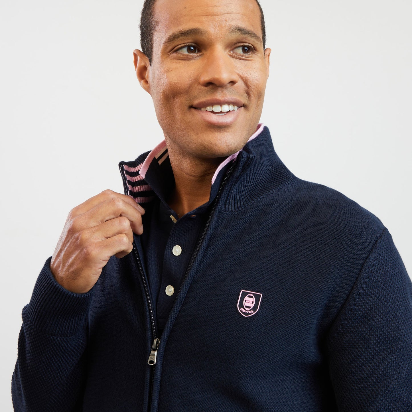 Cardigan bleu foncé zippé en jeu de mailles