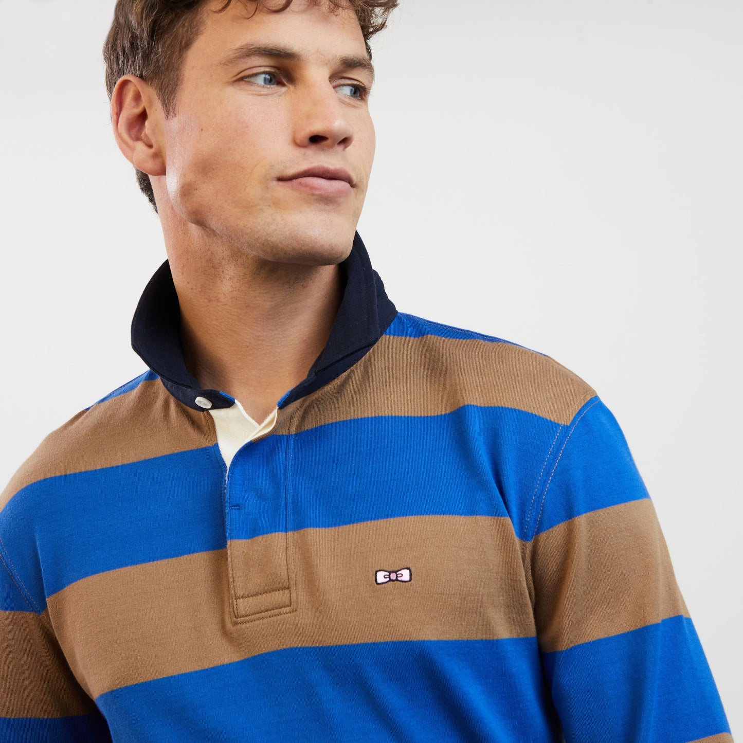 Bright blue striped long-sleeved rugby shirt