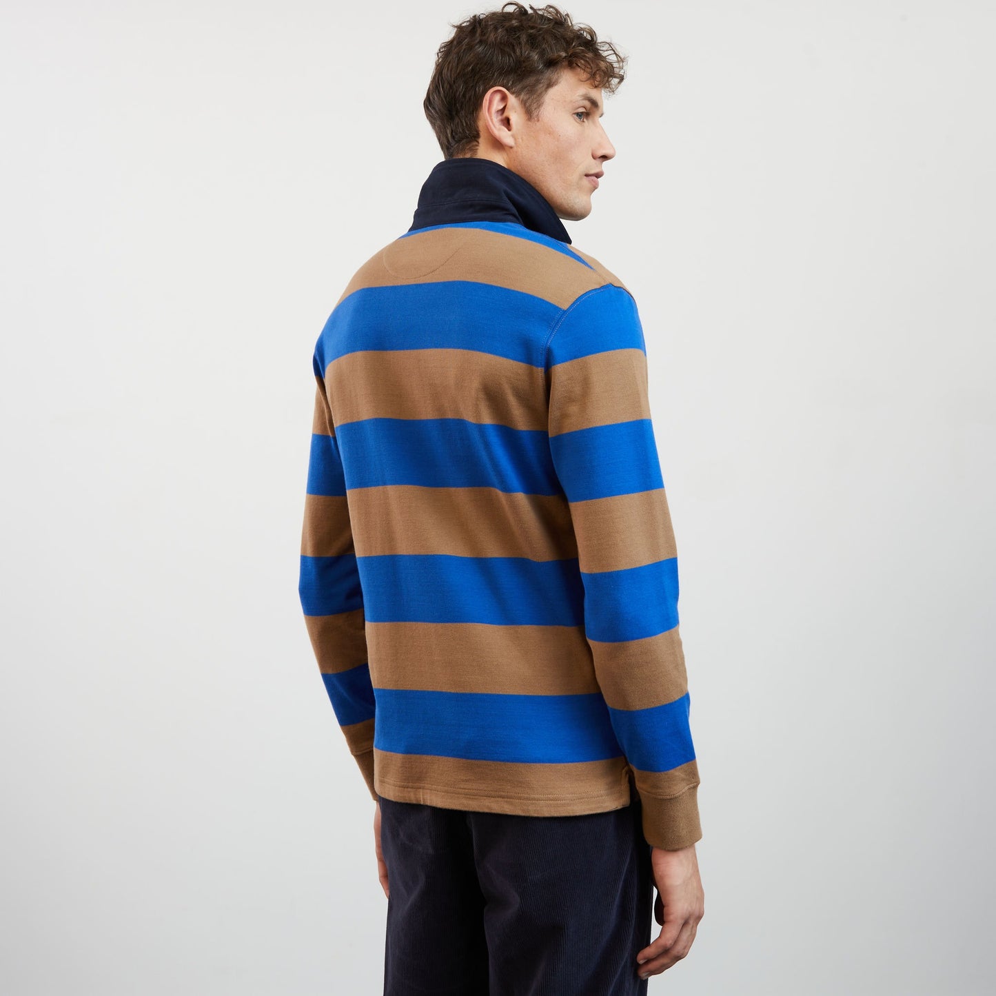 Bright blue striped long-sleeved rugby shirt