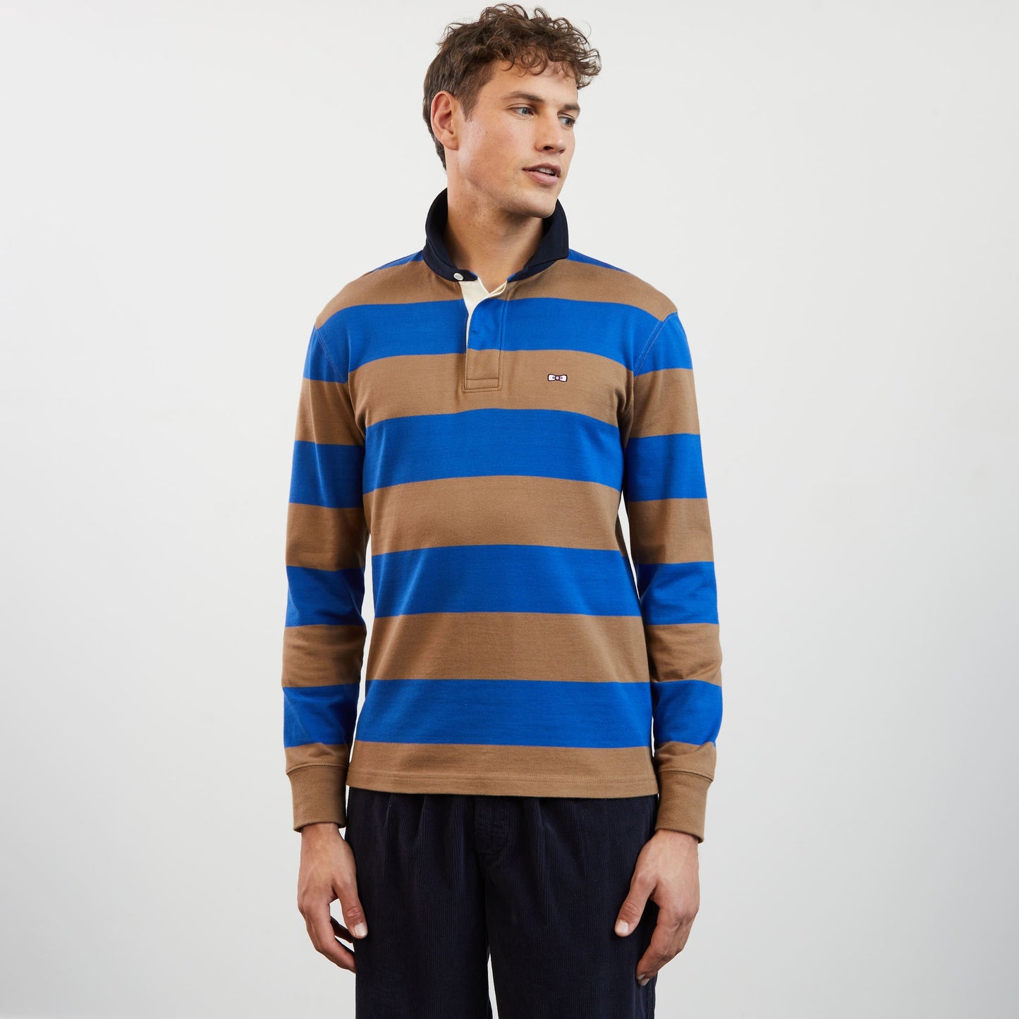 Bright blue striped long-sleeved rugby shirt