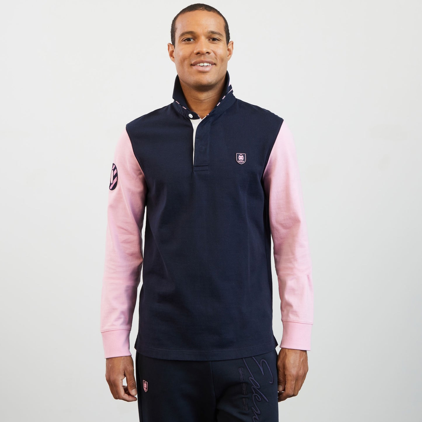 Pink long-sleeved colourblock rugby shirt