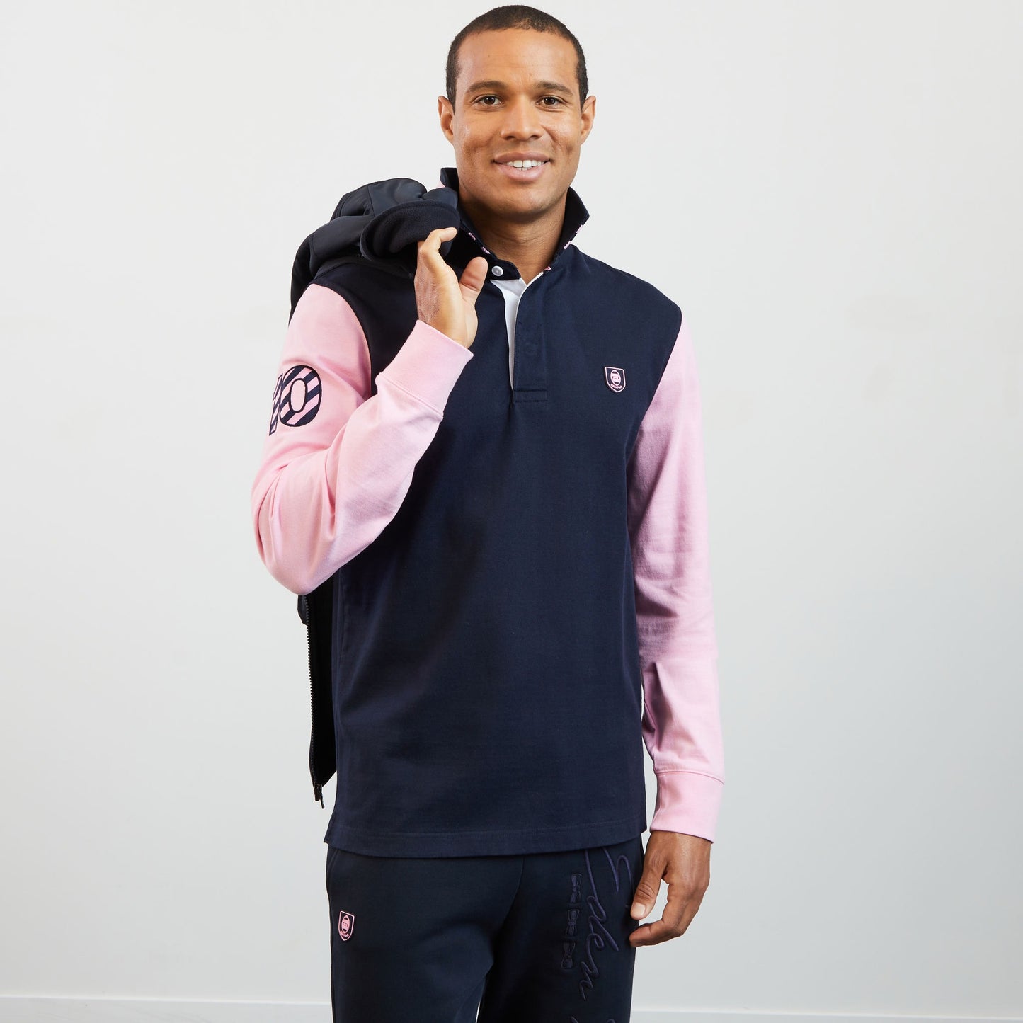 Pink long-sleeved colourblock rugby shirt