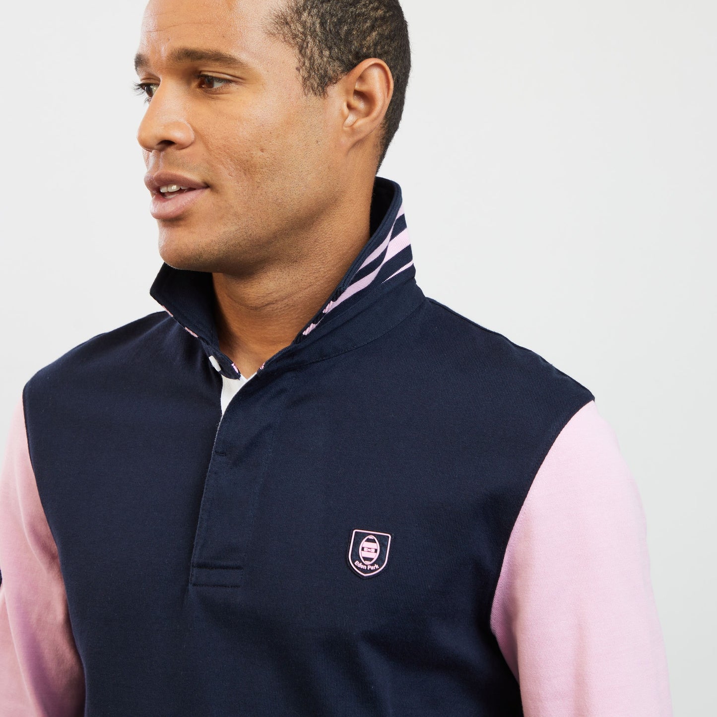 Pink long-sleeved colourblock rugby shirt