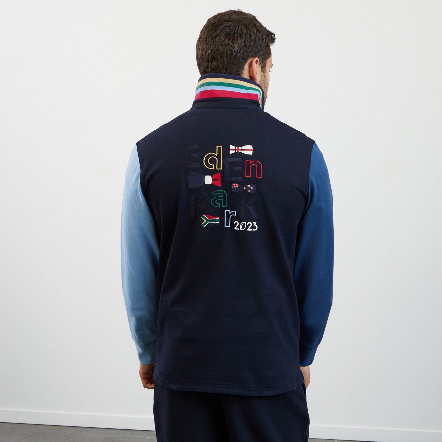 Blue long-sleeved colourblock rugby shirt