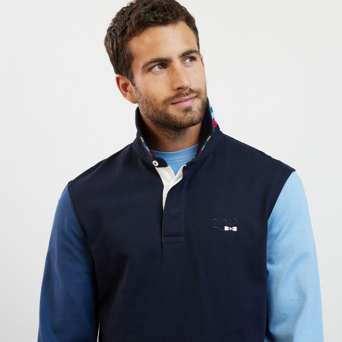 Blue long-sleeved colourblock rugby shirt