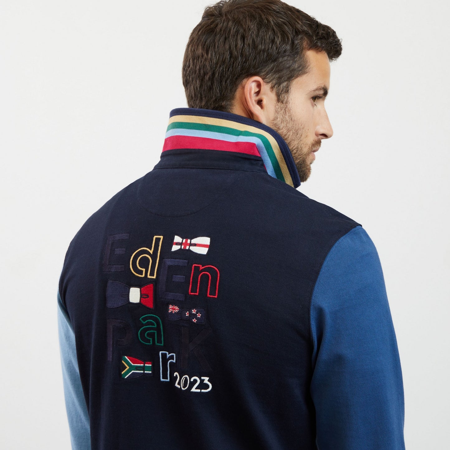 Blue long-sleeved colourblock rugby shirt